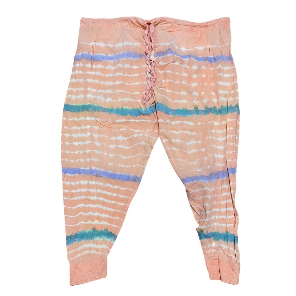 VTG Paul Ropp Women Free Size Tie Dye Cotton Harem Pants Peach Tassel Drawstring